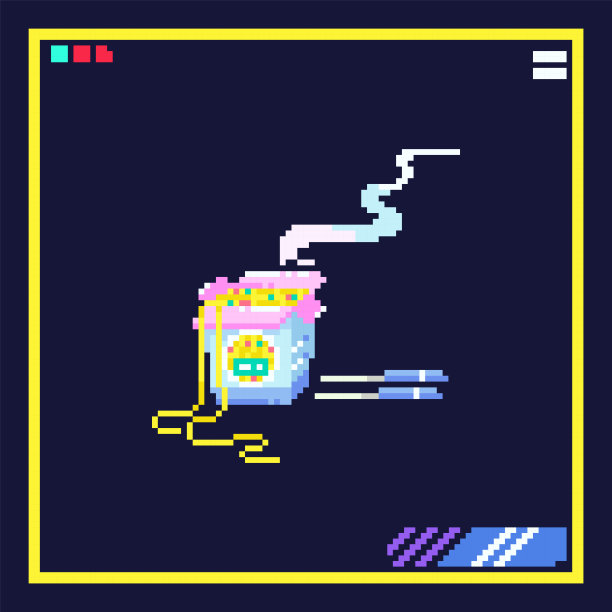 像素艺术炒面插图。8位赛博朋克风格的图标荞麦乌冬在纸板箱。矢量80年代复古游戏贴纸的未来泰国，奶酪或亚洲快餐。图片下载