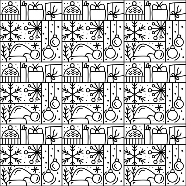 圣诞标志降临无缝模式雪花，礼盒，房子，花环，袜子和树。手绘单线冬季矢量构造器贺卡，邀请图片下载