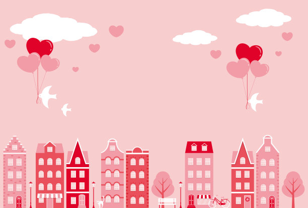 情人节矢量背景与城市景观，房屋和心形气球的横幅，卡片，传单，社交媒体壁纸等。图片下载