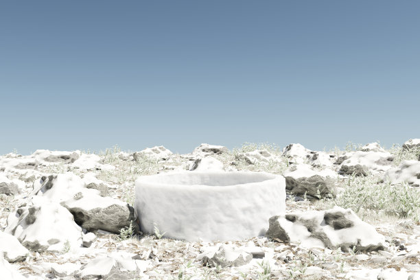 摘要三维渲染冬季场景和自然的讲台背景，讲台上的草地和雪岩背景晴朗的天空为产品展示广告化妆品产品护肤品等图片下载