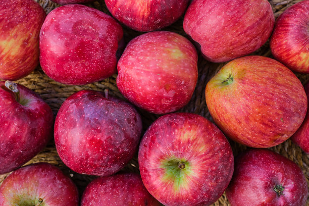 红熟的苹果放在稻草上，季节性农产品，水果收获，商店里有机产品的俯视图，背景的想法图片下载