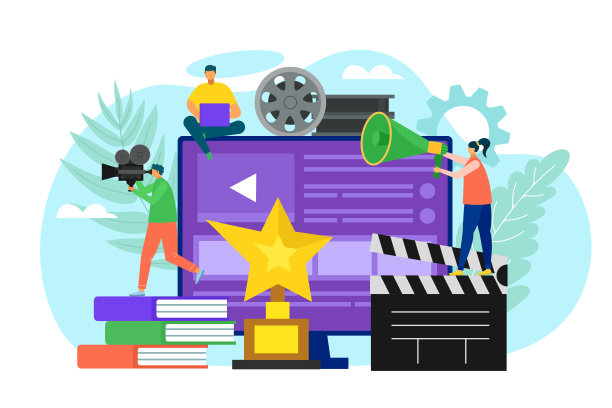 银幕电影拍摄技术，专业的摄影机电影制作，矢量插画。电影娱乐在工作室的概念图片下载