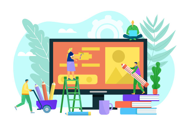 平面设计师，矢量插图。创意设计工作在电脑屏幕技术概念，平面数字业务。人，男人，女人，性格图片下载