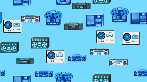 无缝模式无穷无尽的音乐音频卡带老式复古录音机复古潮从70年代，80年代，90年代隔离在蓝色背景。矢量图图片下载