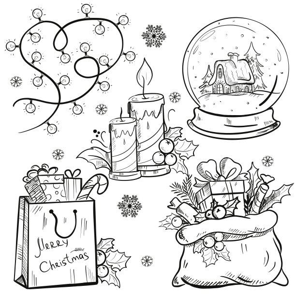 设定新年和圣诞快乐。黑线插图。圣诞老人，蜡烛，礼物，礼物，圣诞树图片下载