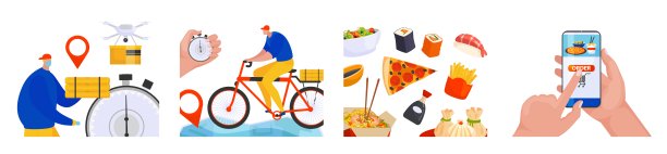 为卡通手机应用、矢量插画设置平面横幅投递服务。订餐和在线菜单，无人机快速安全送餐图片下载