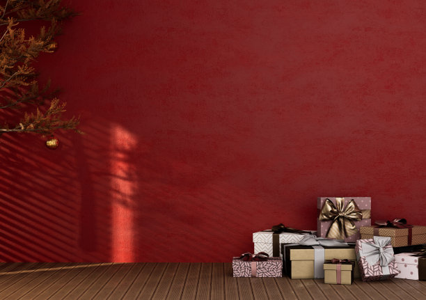 空房间红色的彩墙贴着圣诞礼物博图片下载