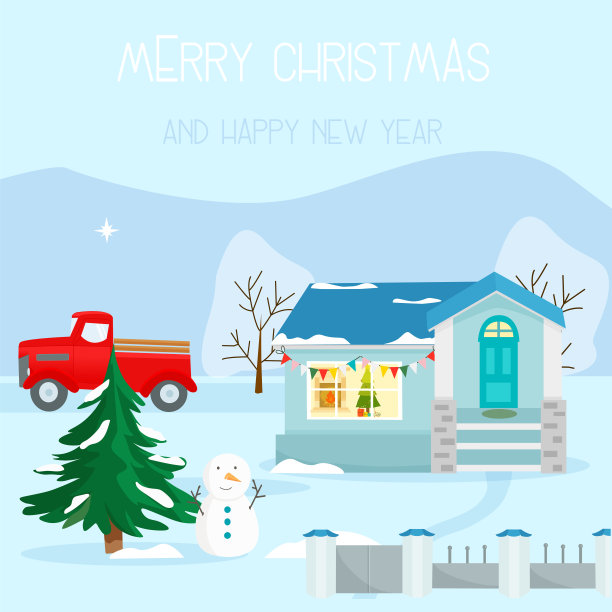 装饰的房子用云杉和红色的卡车覆盖着雪。图片下载