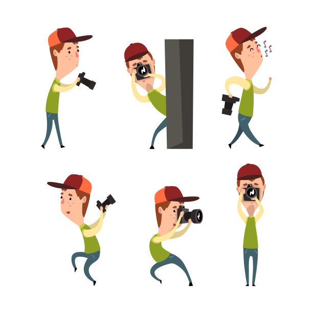 专业摄影师或狗仔队人物用数码相机拍摄卡通矢量插图图片下载