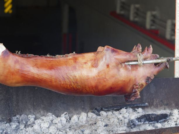 在烤肉叉上烤的猪图片下载