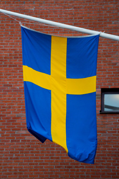 低角度视图的旗帜对砖墙图片下载