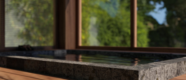 复制空间的温泉浴在放松和平静的室内温泉水疗室。温泉概念。图片下载