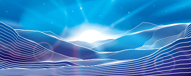 晚上的风景。霓虹灯照明插图。美丽的雪山。白色勾勒出山丘。矢量设计艺术图片下载