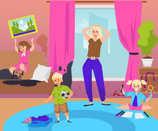 淘气的孩子在房间里弄得一团糟，让妈妈心烦意乱，平面矢量插图。图片下载