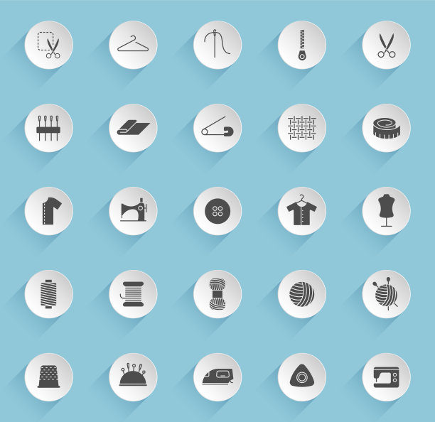 缝纫矢量图标圆臃肿的纸圈与透明的阴影在蓝色的背景。缝纫股票矢量图标的网页，移动和用户界面设计图片下载