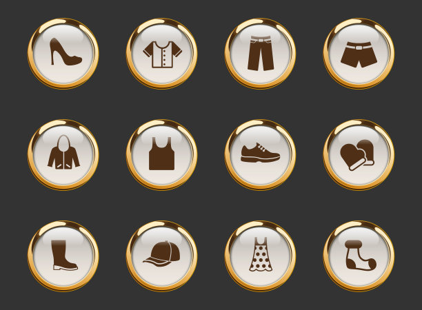 黑色背景上金边矢量图标的衣服。服装图标在金色框架的网页，移动和UI设计图片下载