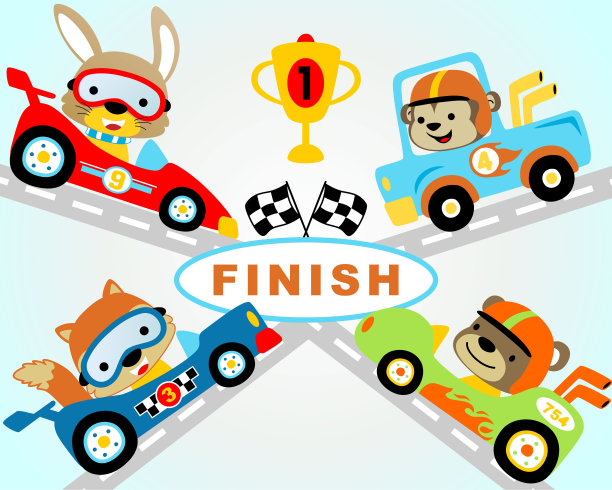 矢量插图集赛车与有趣的动物赛车图片下载