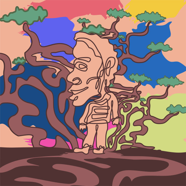 俏皮的，有趣的，抽象的肖像男人站在前面的树插图图片下载