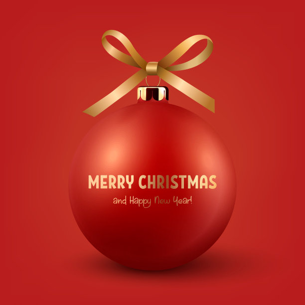矢量现实3d红色圣诞玻璃球与黄色金色丝绸弓特写孤立在红色。圣诞和新年树玩具装饰球模型设计模板。前视图图片下载