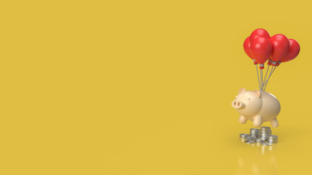 商业概念三维渲染的小猪储蓄罐和红气球图片下载