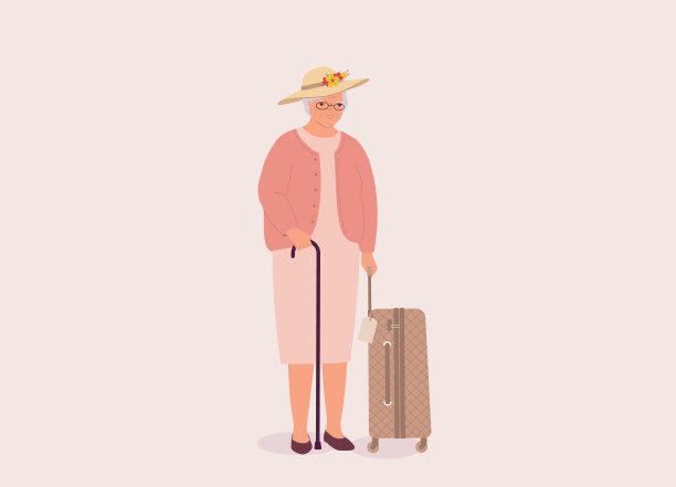 带着行李和手杖的老年妇女。图片下载