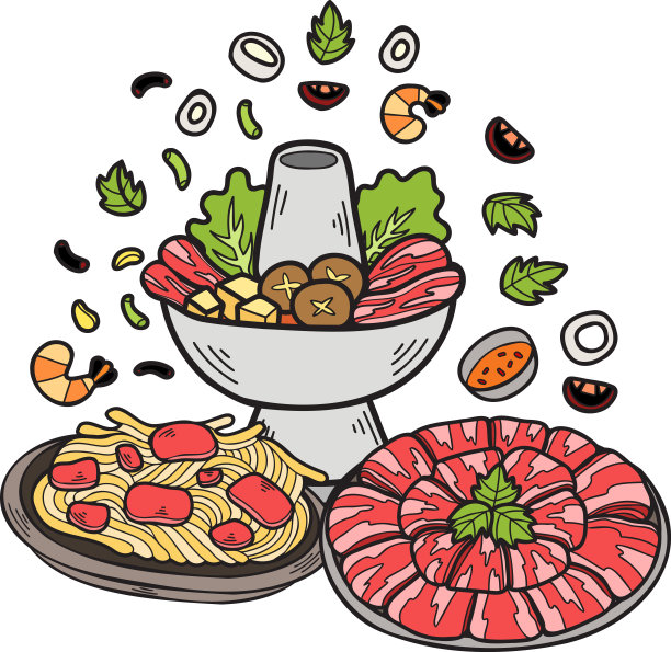 手绘肉火锅，中国和日本的食物插图图片下载