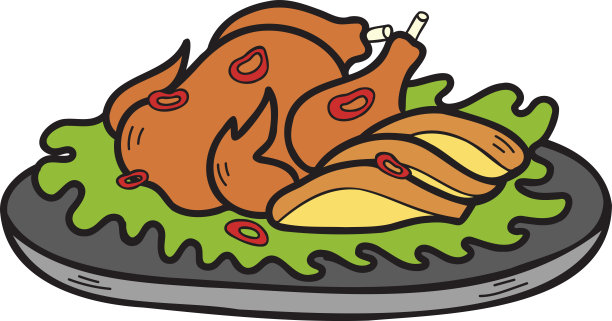 手绘火鸡在盘子上的中国和日本食物插图图片下载