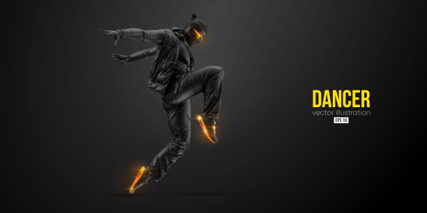 一个年轻的街舞舞者，霹雳舞男子孤立在黑色背景的抽象剪影。矢量图图片下载