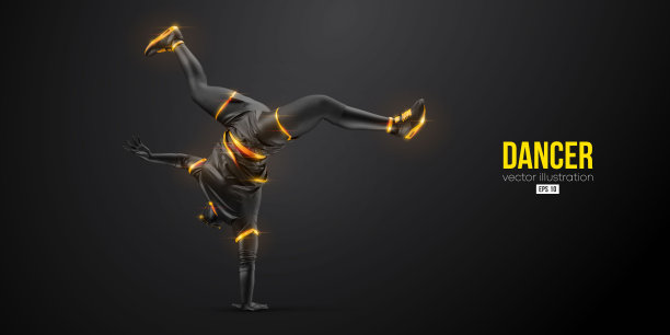 一个年轻的街舞舞者，霹雳舞男子孤立在黑色背景的抽象剪影。矢量图图片下载