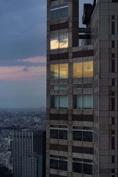 日落时分，玻璃幕墙建筑的垂直镜头图片下载