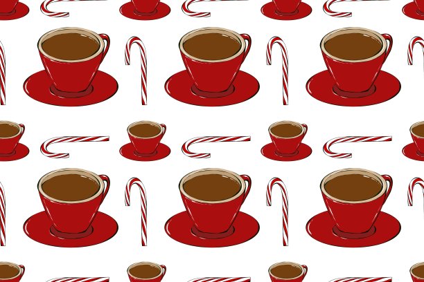 热饮缝模式。咖啡店收藏。一杯加糖和香料的咖啡。纺织及包装设计。图片下载