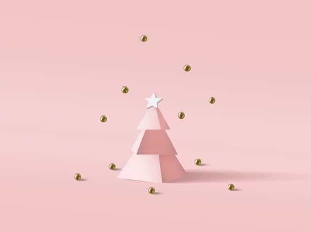 圣诞作文横幅。圣诞设计背景以粉色圣诞树，星星和闪闪发光的金球装饰。带有复制空间的3D水平海报。节日贺卡插图图片下载