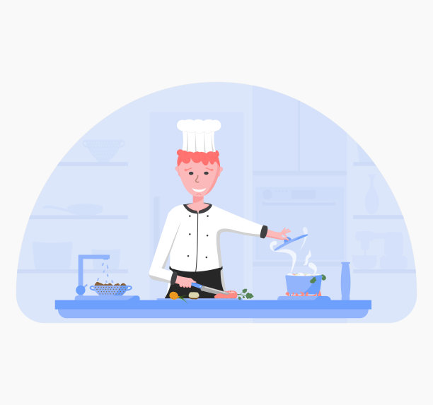 厨师或厨师准备用平底锅在炉子上的蔬菜汤矢量插图图片下载