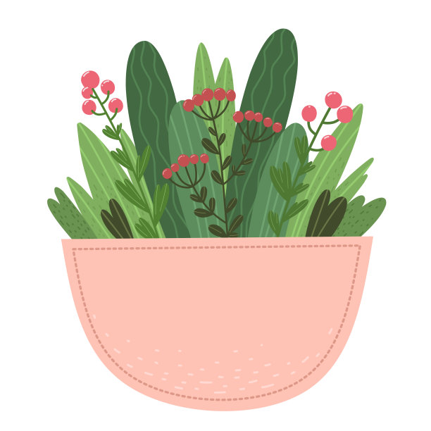 植物元素，草药和浆果在口袋里。春季插图在平面风格。图片下载