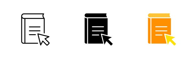 在线图书馆线路图标。点击。指针，书，电子书，教育，教科书，学习，文学，作家。作者的概念。矢量图标在直线，黑色和彩色风格的白色背景图片下载
