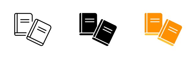 图书设置图标。展开书籍、图书馆、教学、研究、教科书、纸张、装帧等。教育的概念。矢量图标在直线，黑色和彩色风格的白色背景图片下载