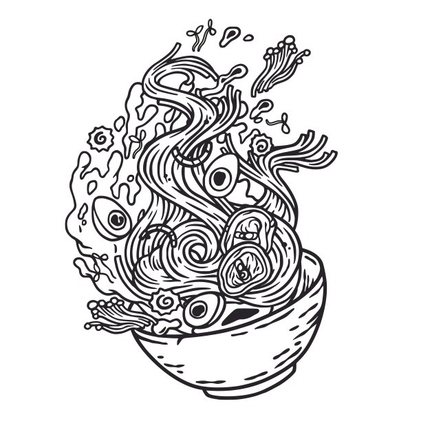 拉面汤，以面条、鸡蛋、海带和肉为原料，为标签或亚洲食品的横幅设计。传统的日本拉面或中国汤矢量徽章或海报图片下载