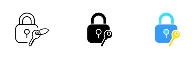 锁与钥匙设置图标。锁，密码，安全，黑客，反病毒，黑客，双重认证。国防的概念。矢量图标在直线，黑色和彩色风格的白色背景图片下载