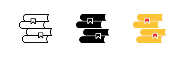 书堆行图标。标记，笔记，书签，阅读清单，标记，图书馆，教育，教科书，作者，文学作品，作家。作者的概念。矢量图标在直线，黑色和彩色的风格图片下载