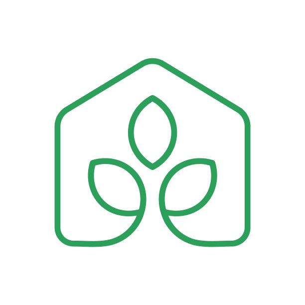 有叶子轮廓的绿色房子。莲花瑜伽工作室的想法。植物家线图标符号。图片下载