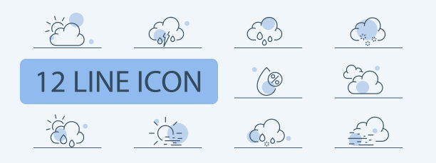 雨图标集。天气，暴风雨，雷声，闪电，下雪，寒冷，日出，水下雨，夜晚。天气的概念。色彩柔和的背景。矢量12线图标的业务图片下载