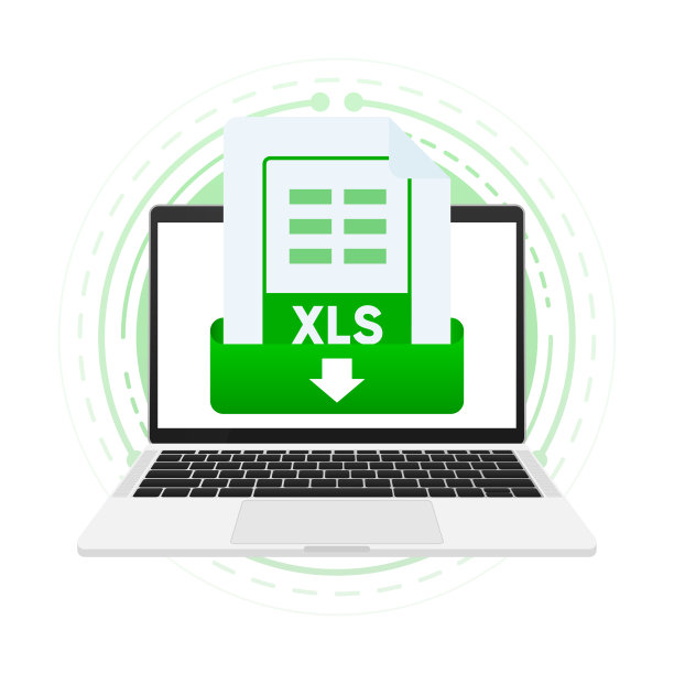 在笔记本电脑屏幕上下载带有标签的XLS文件。下载文档概念。在笔记本电脑和移动设备上查看、阅读、下载XLS文件。矢量插图。图片下载