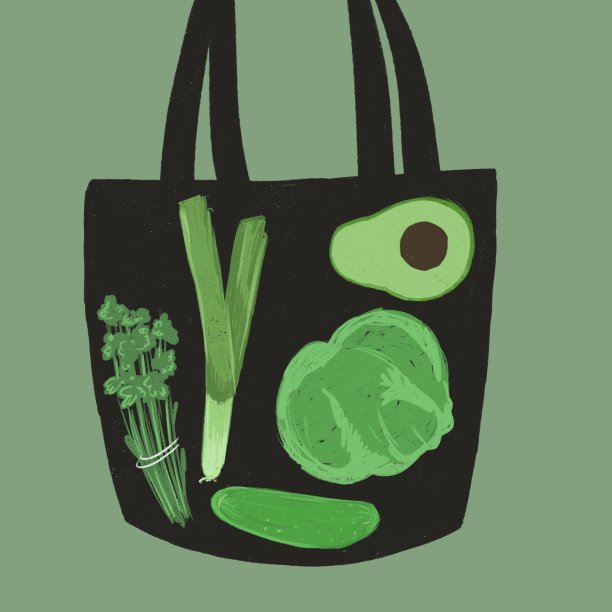 健康绿色蔬菜购物袋，平面插图图片下载