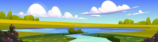 河流流入湖泊的夏日景象图片下载