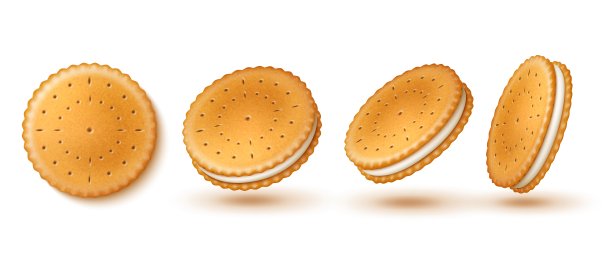 圆形三明治饼干。逼真的干饼干奶油三明治，不同的视角，饼干与洞，甜可口的零食，烘焙糖果产品图标，完全矢量3d集图片下载