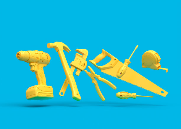 蓝色背景上用于维修的黄色施工工具的飞行视图图片下载