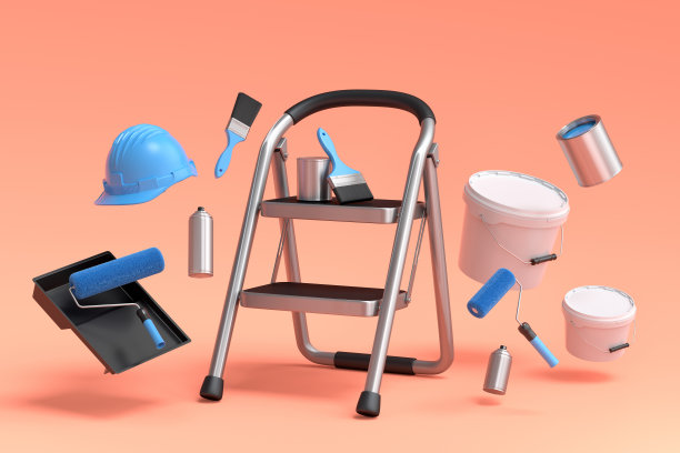 套折叠梯子，桶，头盔与油漆辊和刷子橙色图片下载