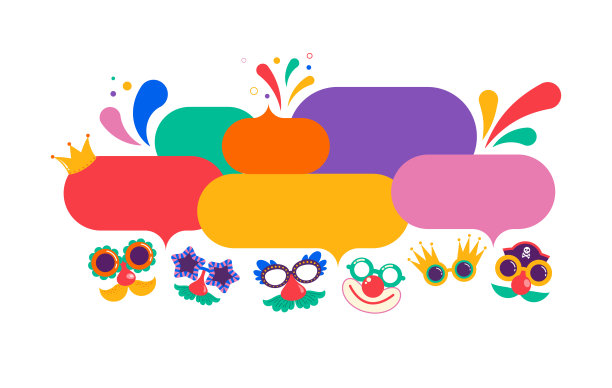 五彩缤纷的演讲泡泡，街头艺术，嘉年华概念设计与有趣的面具，有趣的服装。彩色背景与飞溅，演讲气泡，面具和五彩纸屑图片下载