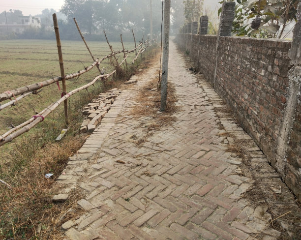 砖路中间的电线杆。图片下载