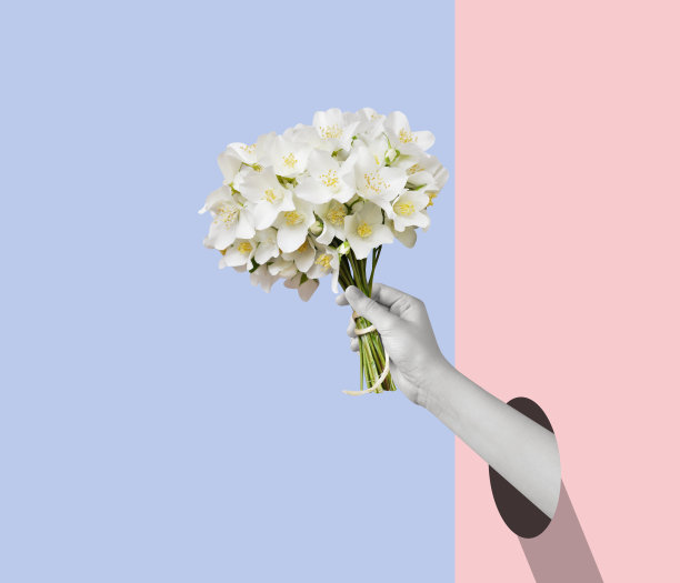 当代艺术拼贴的手和花束。图片下载